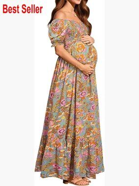 Maternity Maxi Dress Off Shoulder Floral Casual Polyester